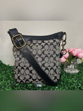Coach Signature Monogram File Bag Crossbody Khaki Black Jacquard F1403
